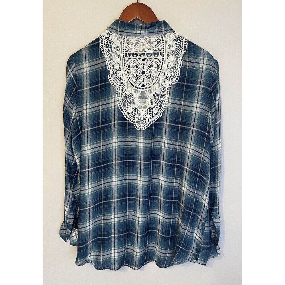 Country Living Shirt Sz L Blue/Green Plaid Flannel Lace Back Button Up‎ Western